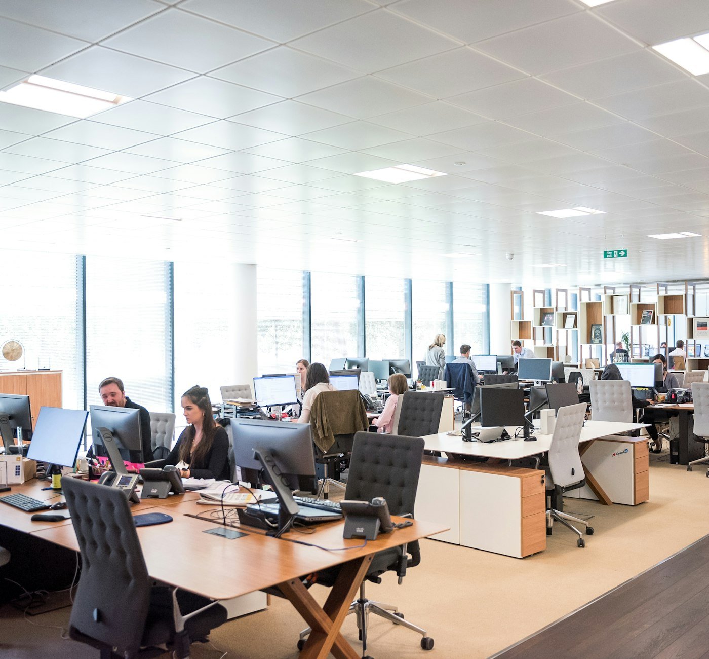 An open-plan office with a team working at desks with phones